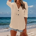thumbnail image 2 of YWIYIUD Women Cotton Linen Lightweight Hooded Shirt Drawstring Button Down Blouses for Women Dressy Casual Short Sleeve V Neck Cardigan Summer Clothes Oversize Casual Blouses, 2 of 8