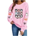 thumbnail image 4 of Risckoth Women's Halloween Sweatshirt Nine Ghost Grid Print Sleeve Detail Crew Neck Drop Shoulder Hoodless Casual Pullover S-2XL, 4 of 8