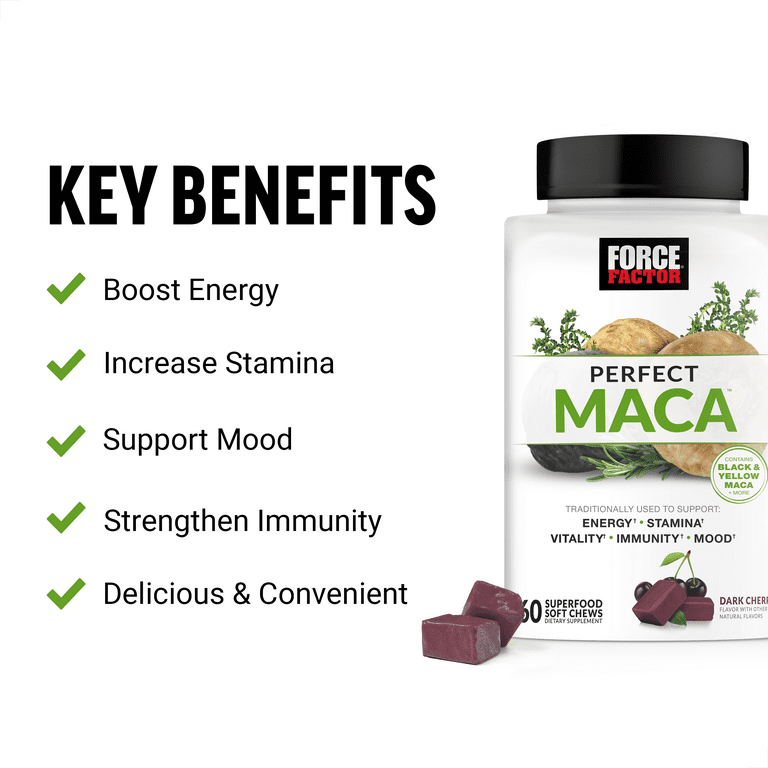 Force Factor Perfect Maca, Maca Root and DIM Supplement with Saffron to  Boost Energy and Mood, with Yellow and Black Maca, Vitamins, Minerals, and  Antioxidants, Dark Cherry Flavor, 60 Soft Chews 