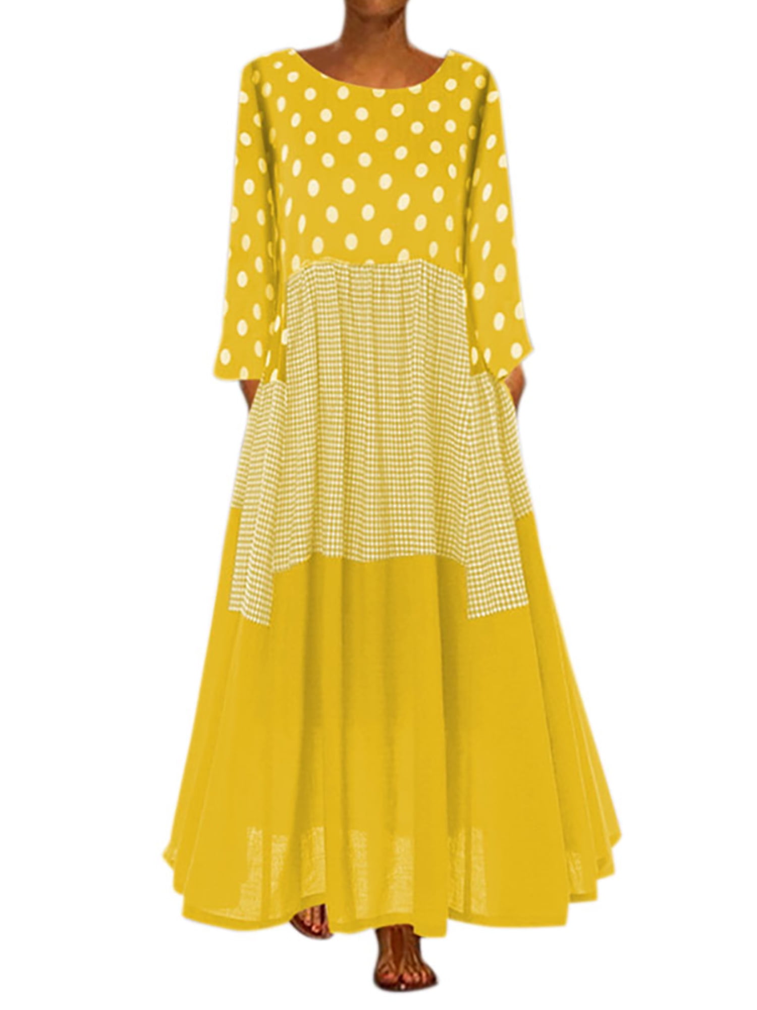 UPAIRC Womens Oversized Round Neck Long Sleeve Print Maxi Dress Loose Aline Casual Dresses