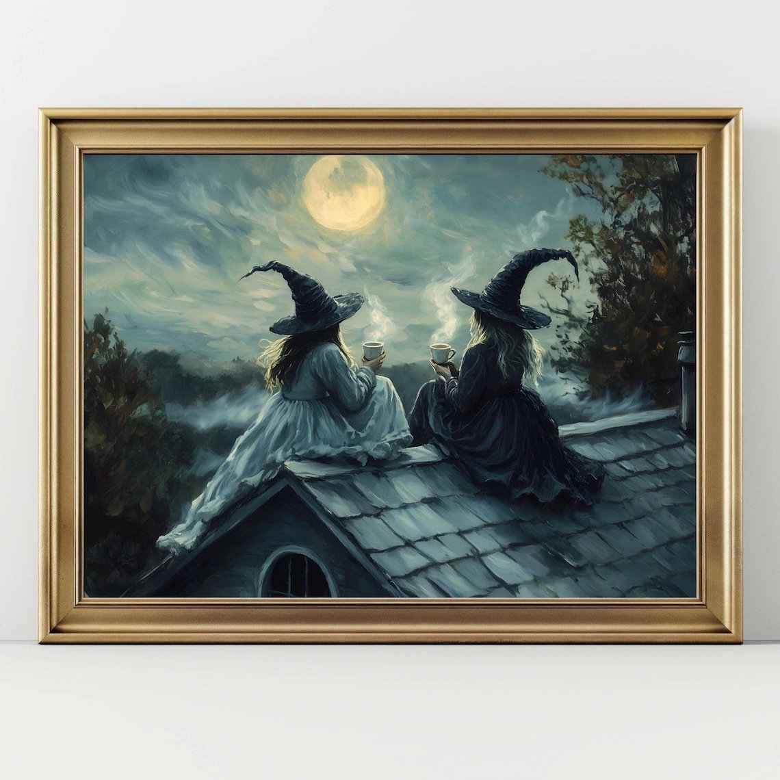 Witchy Rooftop Tea Poster Halloween Cottagecore Wall Art