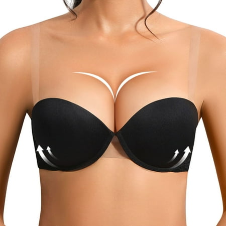 YANDW Women s Strapless Push Up Bra with Clear Straps Multiway Thick Padded Underwire Bras  Black 38C