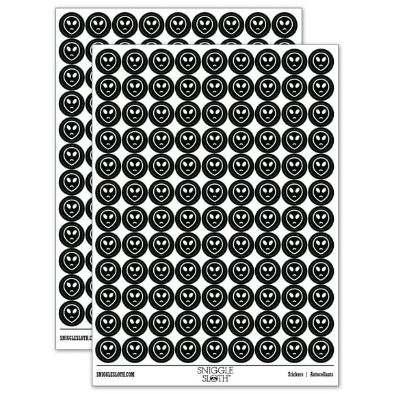 Sad Alien Emoticon 200 Round Stickers - Black - Gloss Finish - 0.50" Size