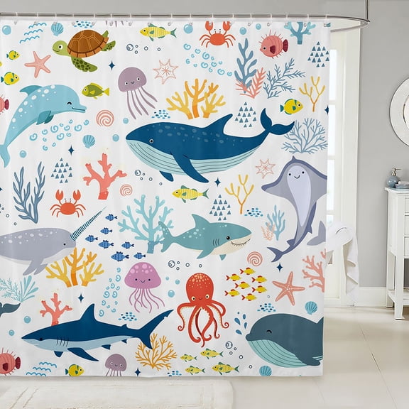 Manfei Cartoon Sea Shark Shower Curtain 72Wx72L, Undersea Animal Bathroom Curtain, White Blue