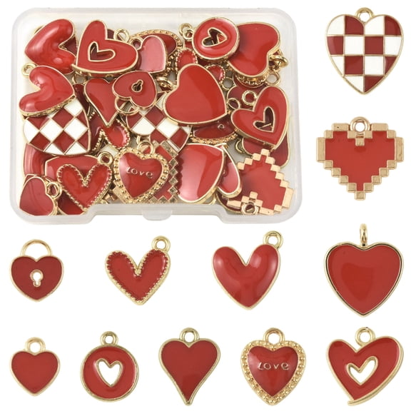 44Pcs 11 Styles Alloy Enamel Pendants, Heart, for Valentine's Day, Light Gold, Red, 12~17.5x10~16x1.5~3.5mm, Hole: 1.6~4mm, 4pcs/style