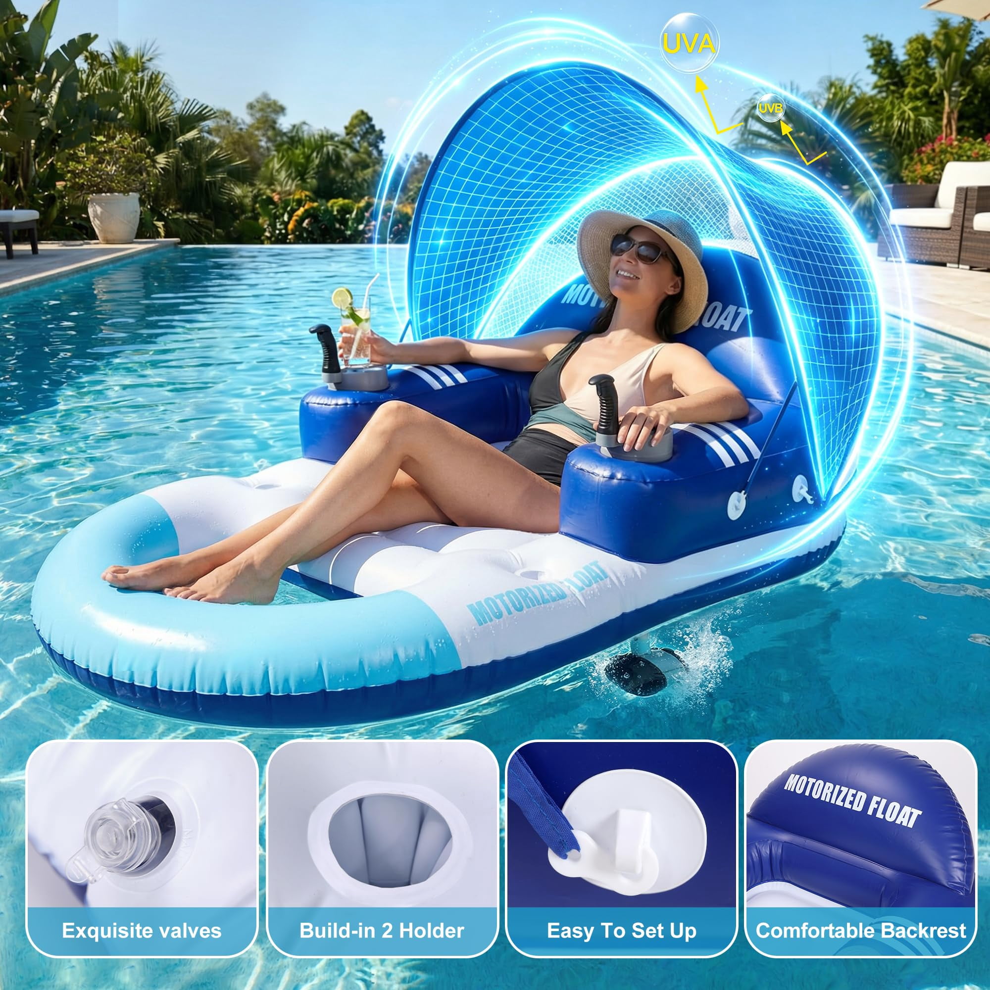 Foxlux Motorized Pool Float with Canopy, Rechargeable Motorized Floats with Cup Holder – Dual Motor Heavy Duty Electric Lounger Raft for Adults, Pool, Lake & Party