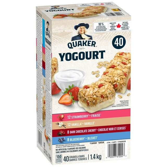Quaker Yogourt Granola Bars Variety Pack, 40 × 35 g – Strawberry, Vanilla, Dark Chocolate Cherry & Blueberry