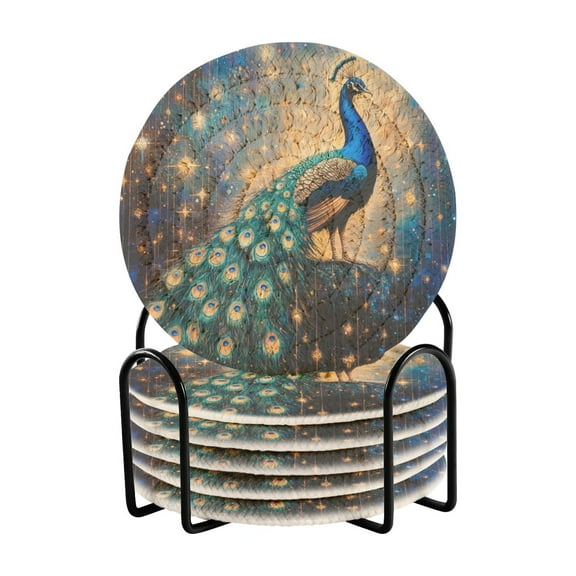 Qxltty Starry Peacock Drink Coasters with Holder 6pcs Handmade Woven Simple Vintage Saucer Set