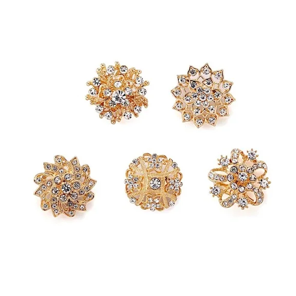 5 Pcs Gold Metal Assorted Brooches Floral Pins Rhinestones Wedding Decorations