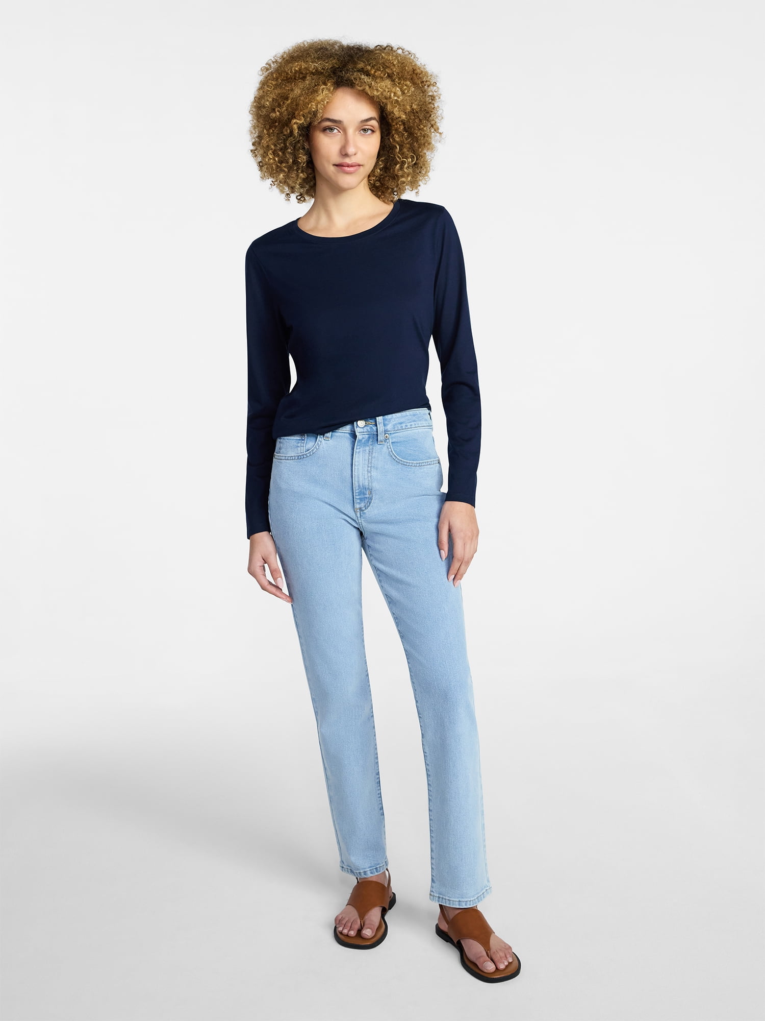 Time and Tru Women's Crewneck Tee with Long Sleeves, Sizes XS-XXXL
