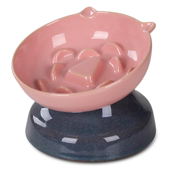 Ceramic Slow Feeder Cat Bowl, 5.35 Inch Tilted Elevated Cat Slow Feeder Bowl, Maze Design Anti Vomiting for Dry and Wet Food, Whisker Friendly Healthy Raised Food Bowl for Cats and Small Dogs