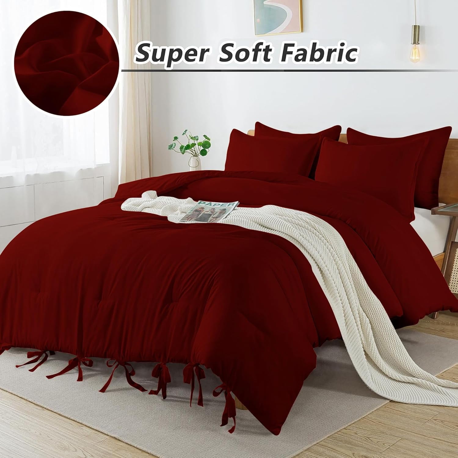 3 Piece Luxury Bottom Tie Pattern Comforter Set, 800 TC, 100% Egyptian Cotton, King/California King Size Burgundy Solid