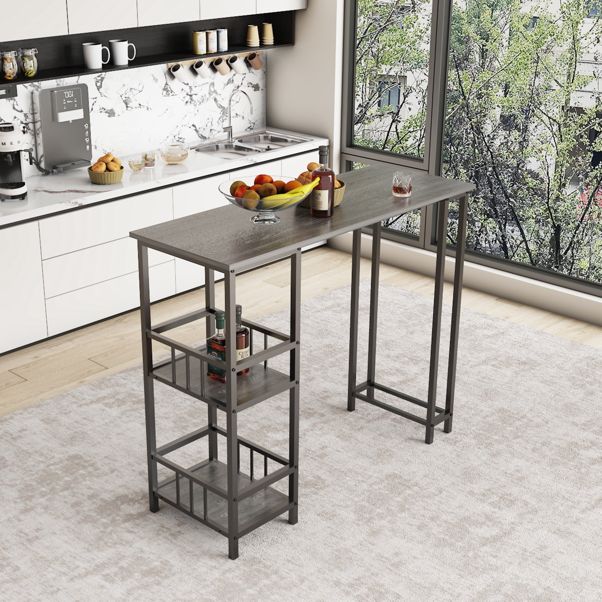 HOQBN 3 Piece Counter Height Bar Table Set,Rectangular Pub High Table with 2 Backless Bar Stools and 3-Tier Side Storage Shelves,Industrial Wood Grain Bar Furniture for Balcony Kitchen Small Home Bar