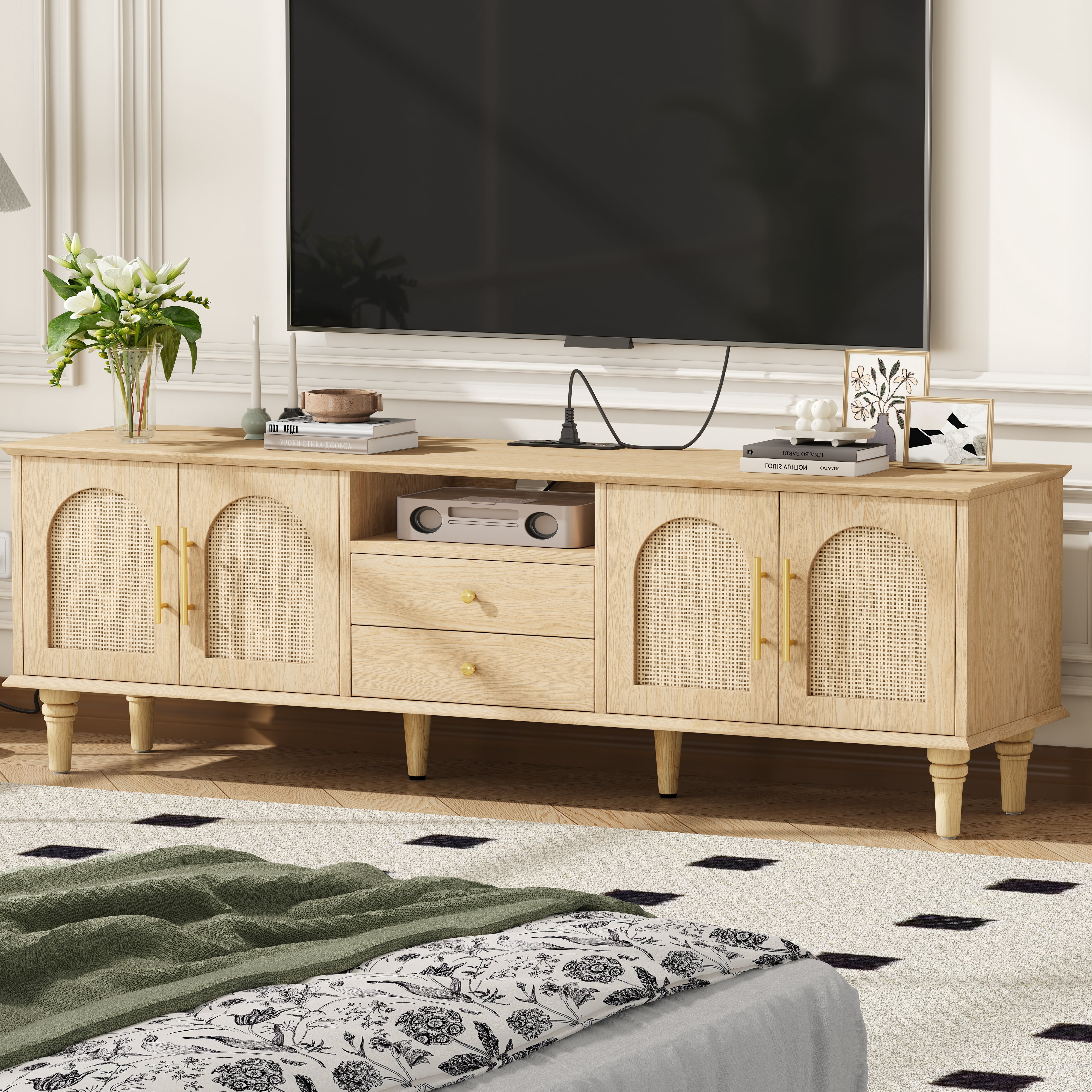 Rattan TV Stand for 75 inch TV, 63"W Entertainment Center with Power Outlet & Storage Cabinet, 2 Drawers & Doors, Adjustable Shelf, Modern Media TV Console Table for Living Room, Bedroom, Natural Oak
