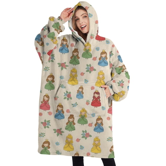 Oversized Wearable Blanket Hoodie,Princess Floral Garden Pattern Sherpa Blanket Hoodie with Super Pockets,Super Warm Fuzzy Pullover for Women & Men