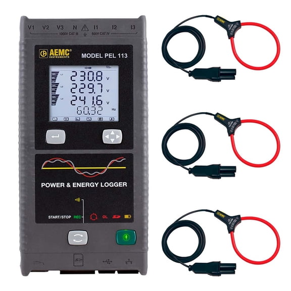 AEMC PEL 113 3-Phase Power/Energy Logger, LCD/MA193-10-BK Sensors