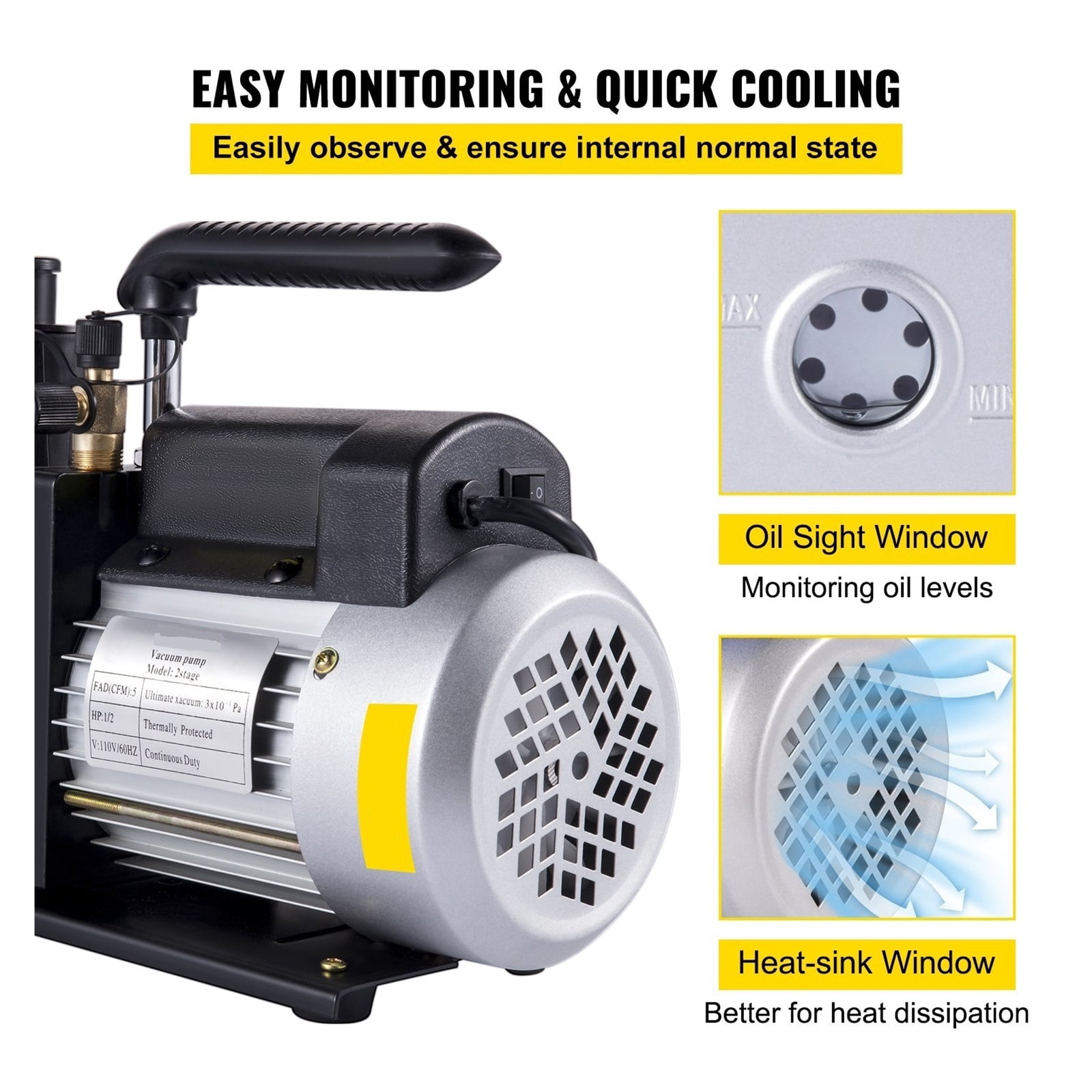 Vacuum Pump 5 CFM Dual Stage Refrigerant Vacuum Pump 1/2 Air Conditioner Refrigerant HVAC Air Tool ,Outstanding Oil Inlet System