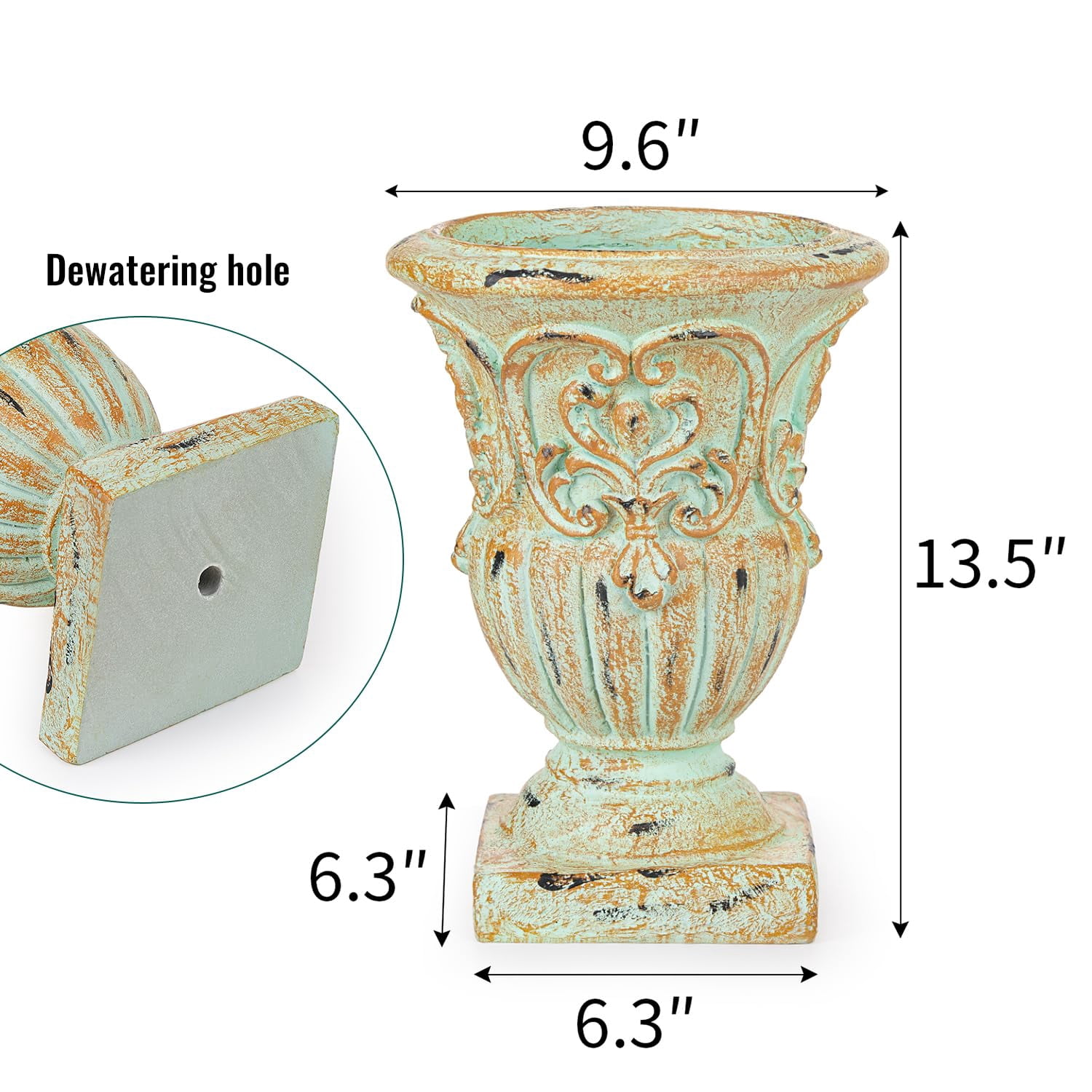 Sungmor Vintage Resin Trophy Planter, 13 Inch Embossed Design Garden Urn with Drainage Hole, Decorative Plant Pot Indoor Outdoor Plant Container, Shabby Chic Flower Vase Home Decor
