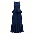 thumbnail image 4 of Womens Casual Two Piece Outfit V Neck Sleeveless Button Peplum Top High Waist Ruffle Hem Wide Leg Pants Solid Color Elegant Set Navy XXL(XXL), 4 of 7