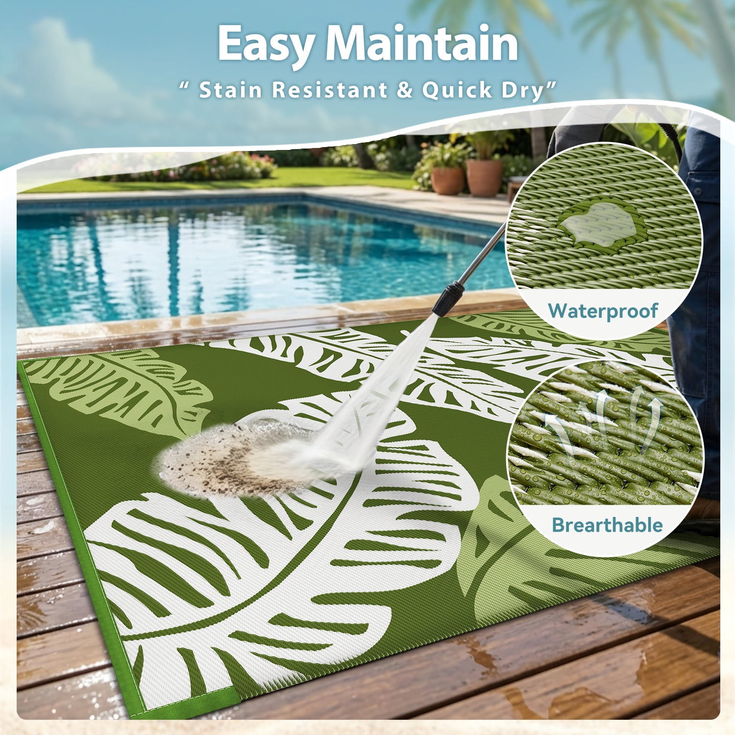 VUNATE Outdoor Rug Carpet 9'x12' Waterproof Reversible Patio Rug Portable Indoor Outdoor Rug Plastic Straw Rug for Beach RV Camping Garden Picnic Deck Backyard Tropical Porch Decor Green