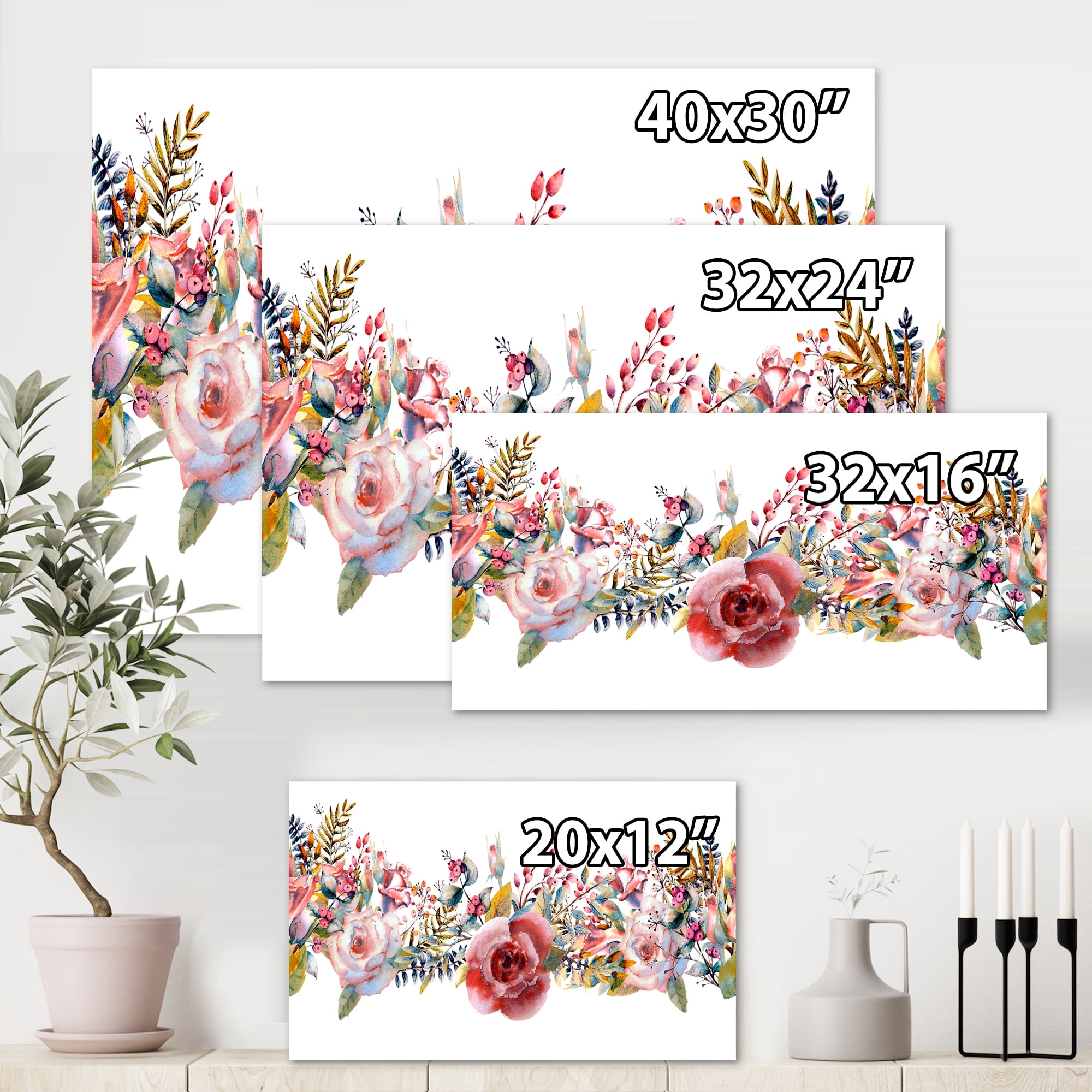 Wildflower and Pink Roses 8 in x 12 in Painting Canvas Art Print, by Designart