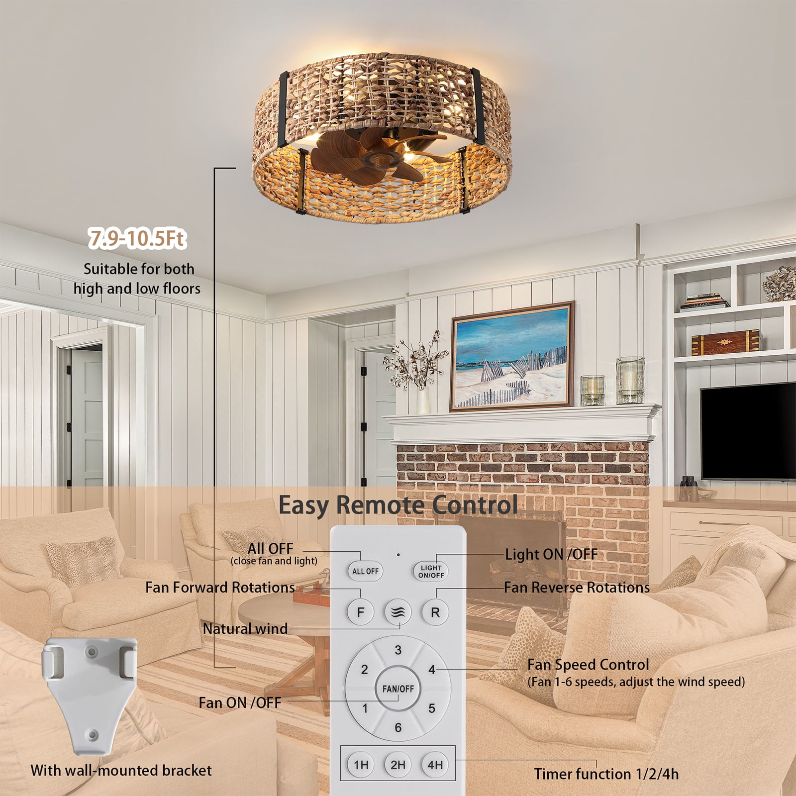 Garwarm 19.6" Boho Rattan Ceiling Fan with Lights, 4-Light Flush Mount Fandelier with Remote, Low Profile Caged Ceiling Fan, Reversible Enclosed Bladeless Fan for Bedroom Living Room