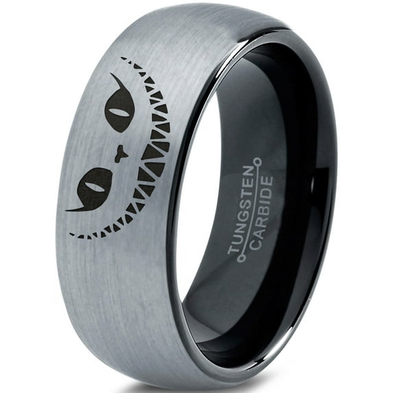 Tungsten Alice in Wonderland Cheshire Cat Band Ring 8mm Men Women Comfort Fit Black Dome Brushed Gray Polished