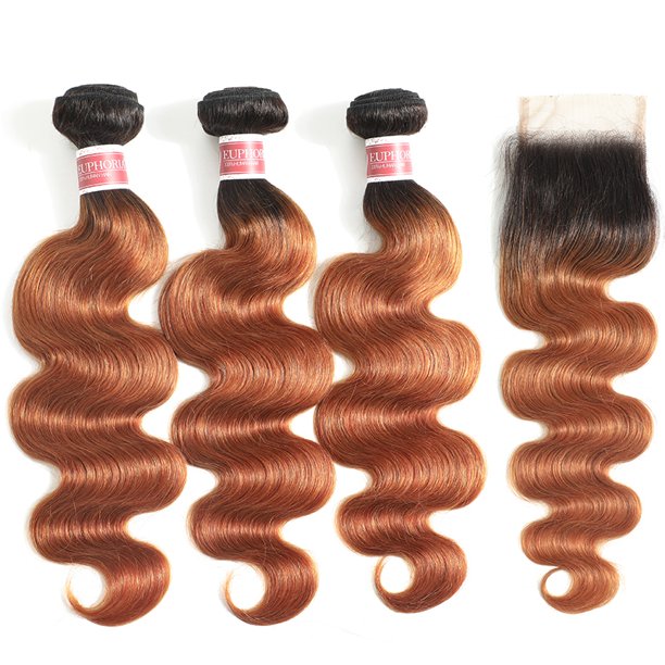 Euphoria-mechones de cabello humano brasileño ondulado, pelo Remy ombré Rubio 27 con cierre, Color rojo 1B 99J, 4x4