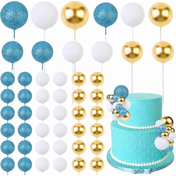 52 Pcs Ball Cake Decorations - Teal Blue White Gold Ball Dessert Picks Cake Cupcake Toppers, Birthday Party Baby Shower Gender Reveal Cake Supplies