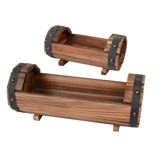 Juego de 2 macetas de madera con forma de medio barril, resistentes a la corrosión y carbonizadas.