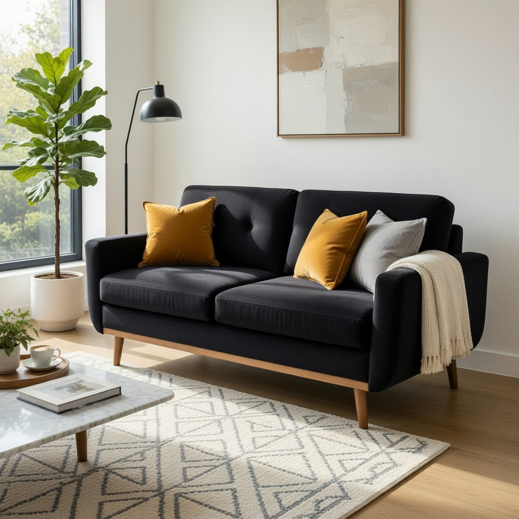 Hommoo 65" Mid-Century Modern Two-Seater Sofa, Breathable Foil Polyester Fabric, Solid Wood Legs, Tool-Free Assembly, Black