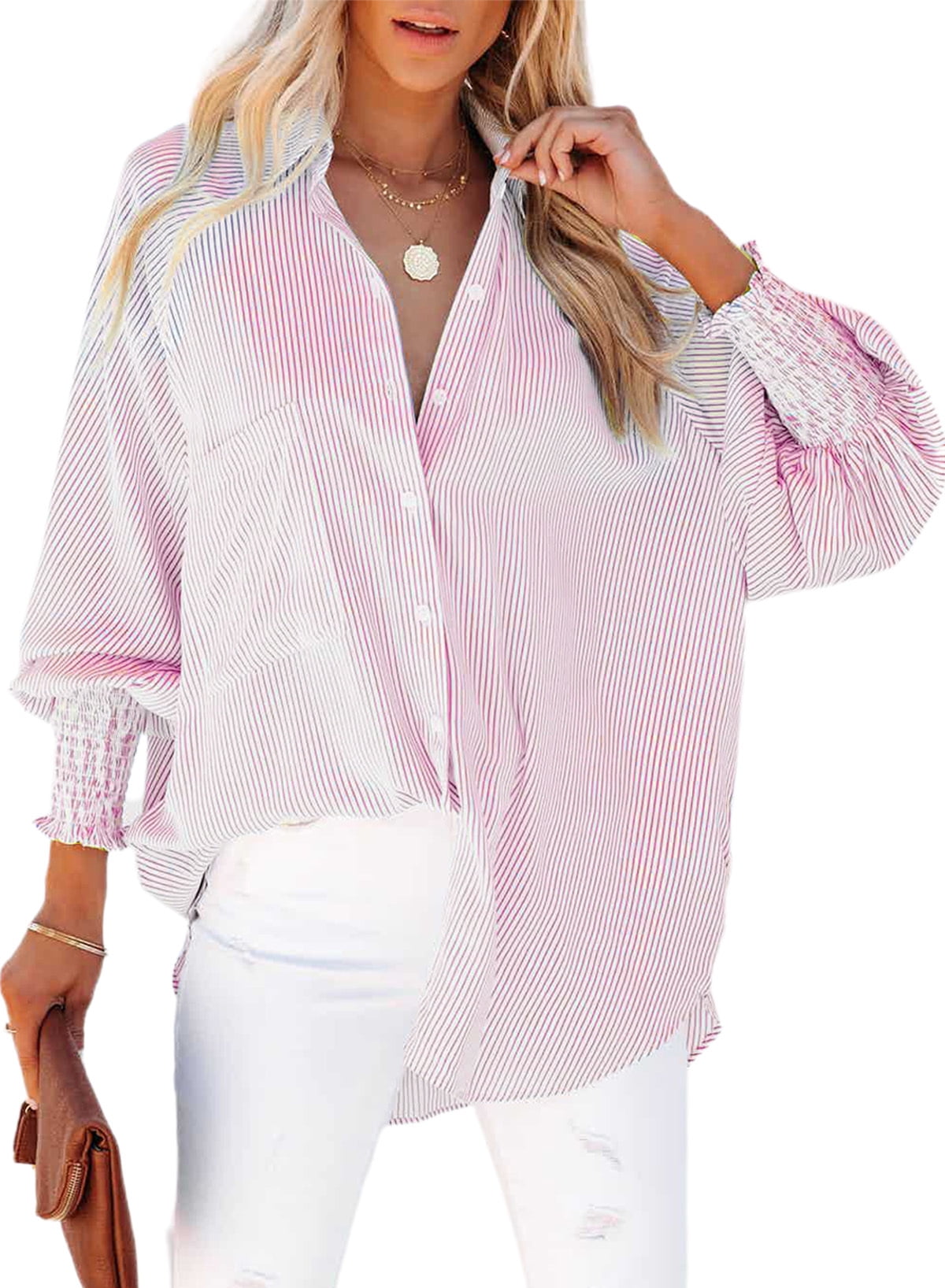 Astylish Womens Striped Blouses Dressy Casual Button Down Shirts Puff ...