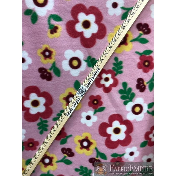Fleece Printed Fabric MULTI COLORED POPPY PINK BACKGROUND / 58" Wide / Sold by the yard