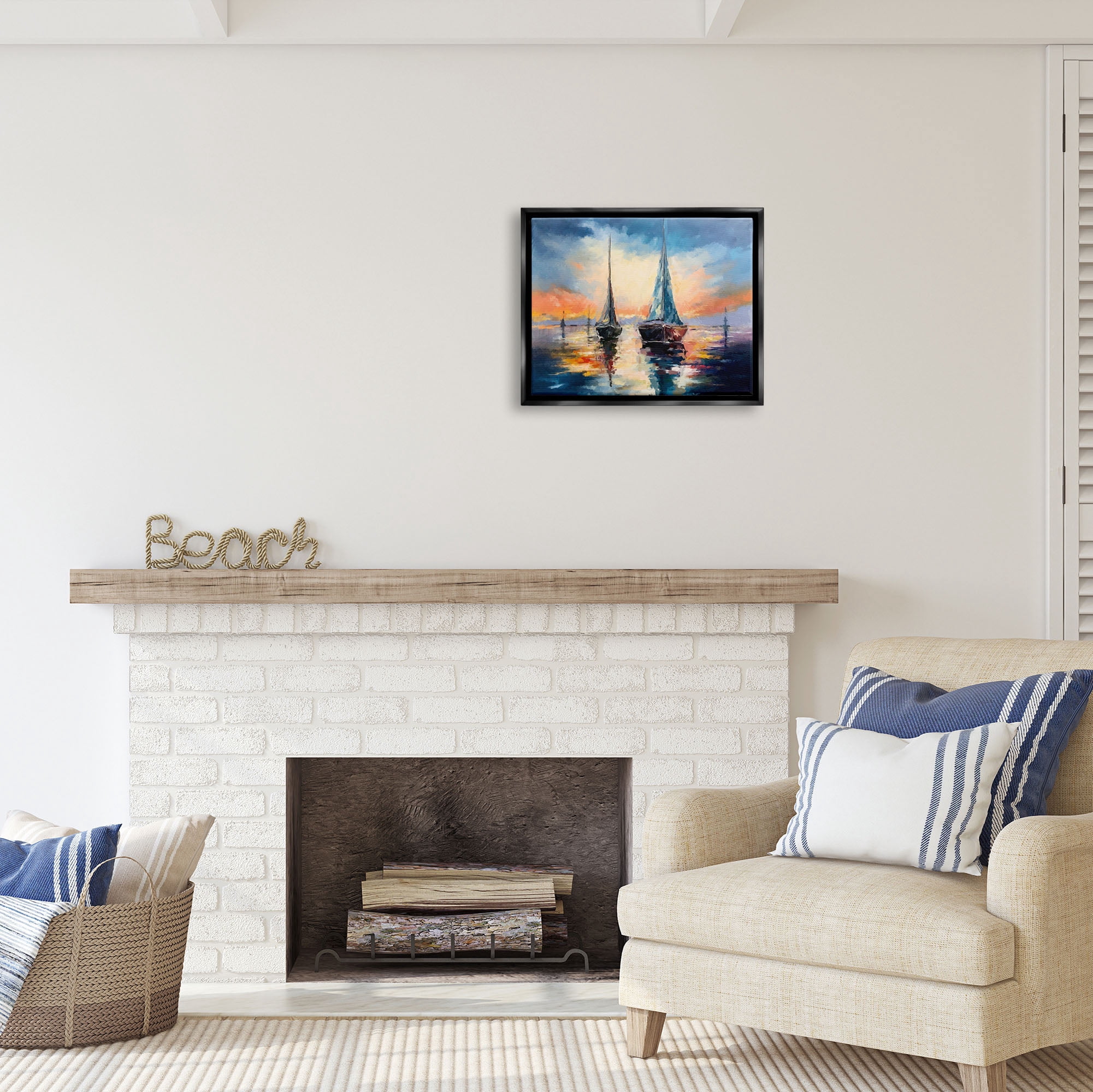 Stupell Industries Sailboats and Ocean Sunset Transportation Painting Black Floater Framed Art Print Wall Art, 21 x 17