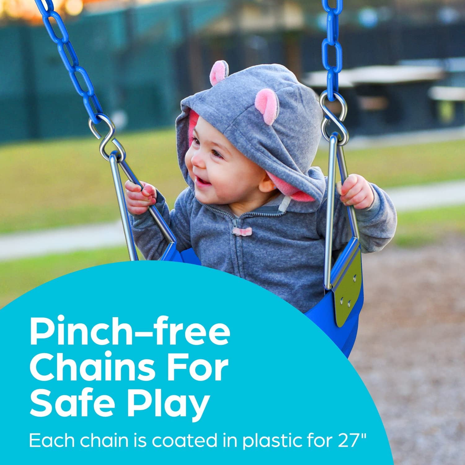 Jungle Gym Kingdom Toddler Swing; Heavy Duty, High Back, Full Bucket Baby Swing Seat with Coated Chains for Outdoor Use; Fully Assembled; Blue