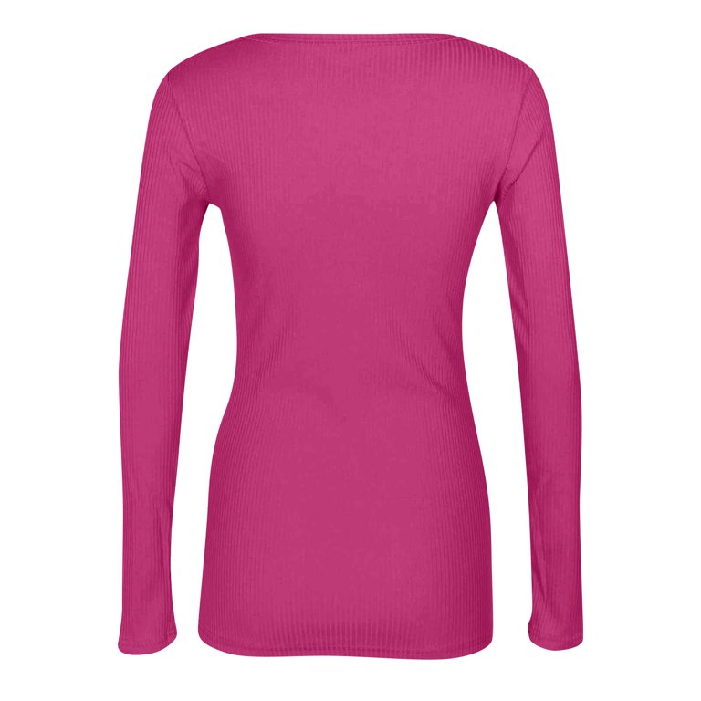 Resicozy Womens Long Sleeve Solid Color Crewneck Ribbed T-Shirt