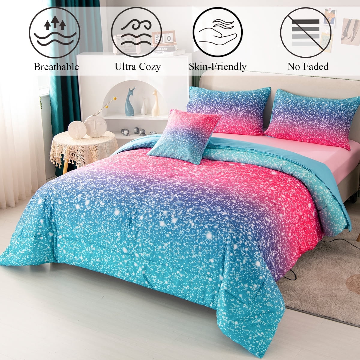 PERFEMET 6Pcs Pink Girls Queen Size Bedding Set Colorful Blue Pink Galaxy Star Kids Comfoter Set Ultra Soft Bed Set for All Season