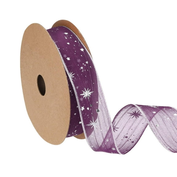Organza Star Ribbon Wired, 1 Inch Wide 20 Yards Tree Print Sheer Glitter Ribbon for Gift Wrapping Garland Bouquet Ornaments Party Decorations (Deep Purple)