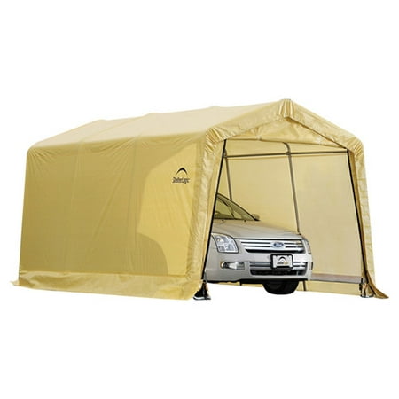ShelterLogic AutoShelter Peak Style Sandstone Polyethylene Instant Garage  10  x 15  x 8 The ShelterLogic Auto Shelter 10 x 15 ft. Instant Garage shelter is an excellent compact storage solution for motorcycles  ATVs  jet skis  trailers  lawn and garden equipment  tractors  snow mobiles  wood or other bulk storage. A good quality polyethylene fabric structure at a affordable price. Patented Shelter Lock stabilizers ensure rock solid stability for a durable portable carport canopy. The ShelterLogic car ports have an Easy Slide Cross Rail system for a secure fit. ShelterLogic Carports are built with lasting durability. The car shelter includes a Ratchet Tight cover  designed for all seasons to protect from sun  rain  sap and more.