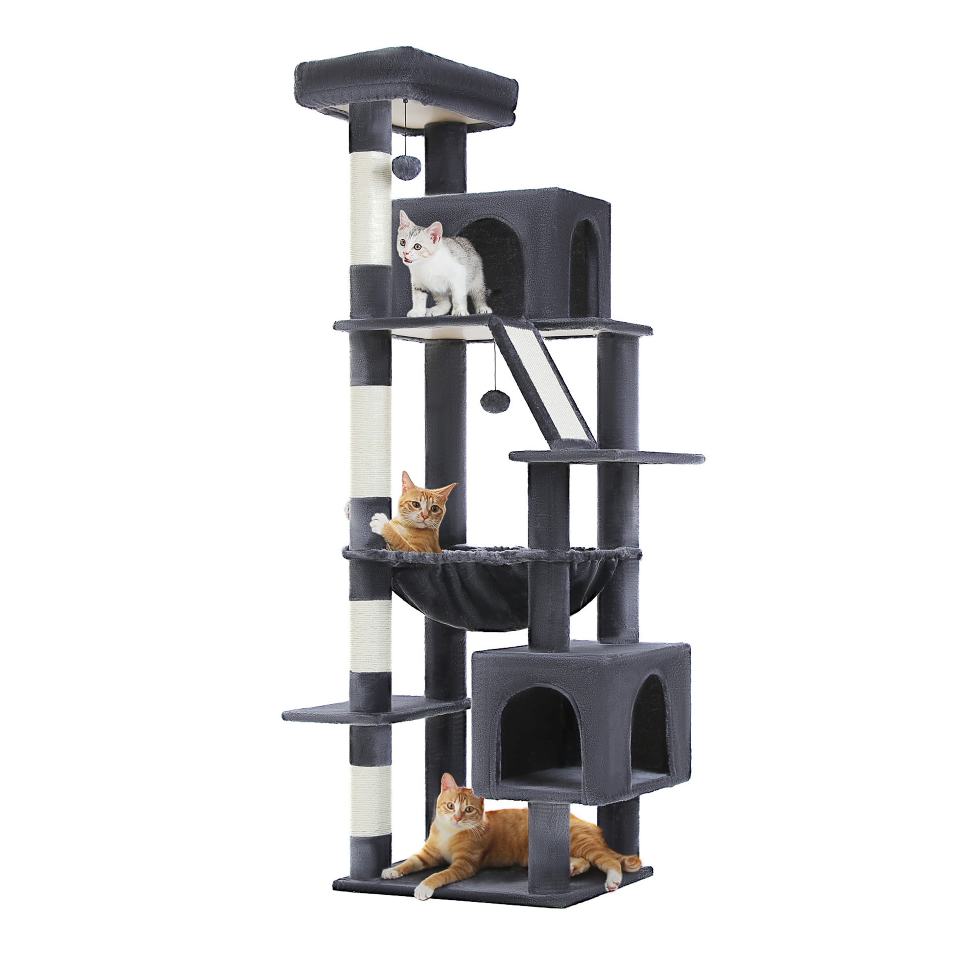Kadyn 71" Cat Tree Tower for Indoor Cats, Plush Multi-Level Cat Condo with Scratching Posts, Perches, Hammock, 2 Pompoms, Dark Gray