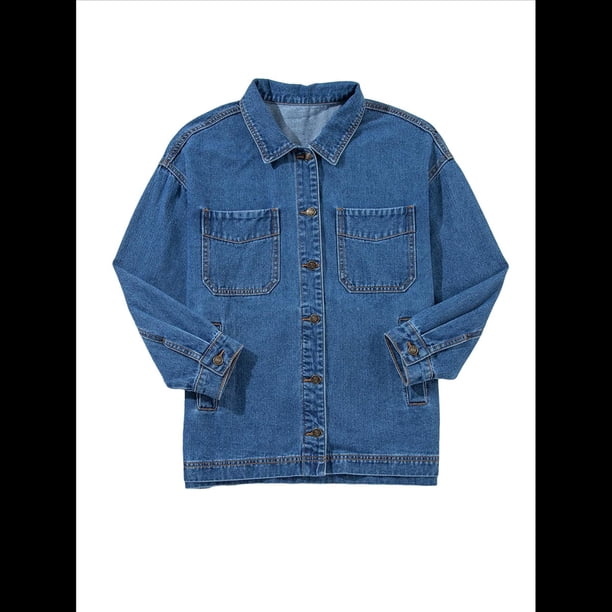 Chaqueta Vaquera para Mujer, Desgastada, de Larga, de Gran Tamaño, Estilo Camionero. Azul Real L