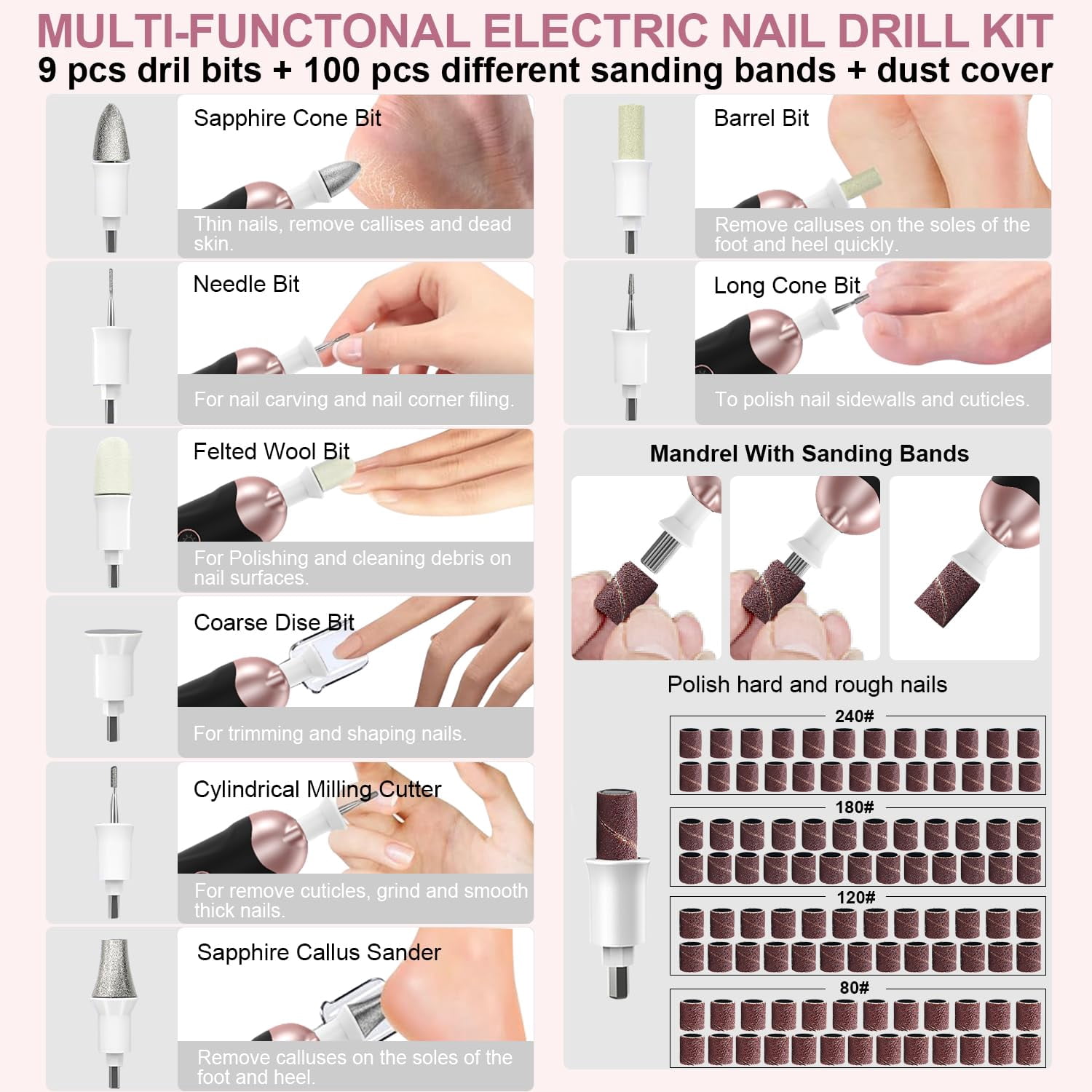 9-in-1 Cordless Nail Drill Kit - Professional Manicure & Pedicure Set with 100 Drill Bits & Sanding Bands