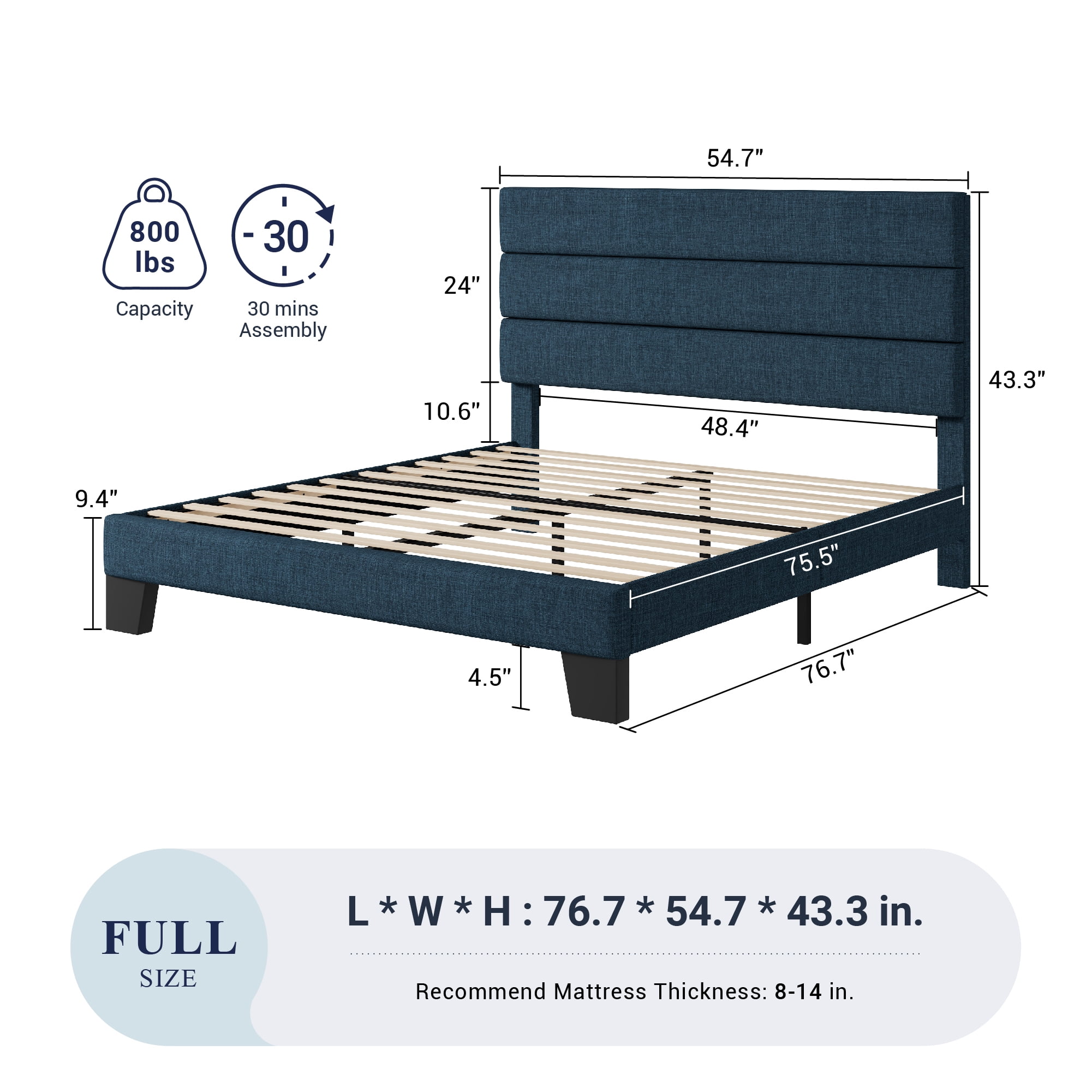 Allewie Full Size Platform Bed Frame with Fabric Upholstered Headboard, No Box Spring Needed, Navy Blue
