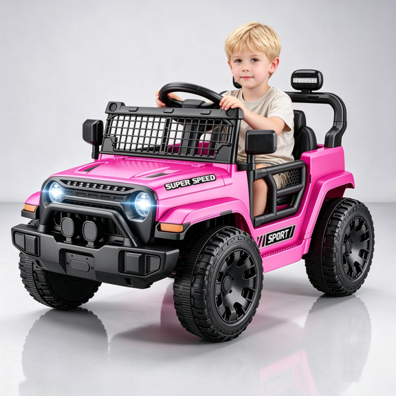 EVOKEDEN 12V Ride on Car for Kids, Electric Toddler Car with Spring Suspension, LED Lights & Music, Pink