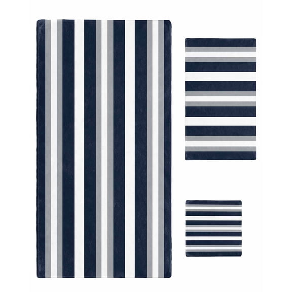 Navy Blue Grey Striped Towel Set of 3, Soft Microfiber Bath Towels, Hand Towel, Washcloths, Farmhouse Stripes Minimalist Quick-Dry Absorbent Towels for Bathroom Kitchen Hotel Beach Gym Spa