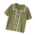 thumbnail image 4 of Camiseta de mujer Blusa de solapa delantera con botones Blusa suelta de manga corta para niña, Verde sidaley AP001518-02B, 4 of 7
