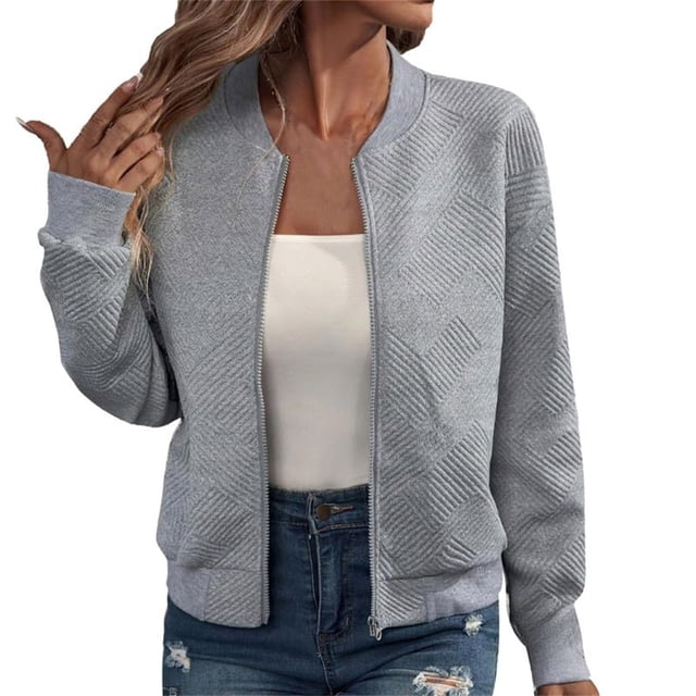 Mgmyaa Veste Bomber pour Femmes Texture Tricotée Épaisse Fermeture Éclair devant Manches Longues Décontractée Ample