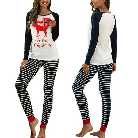 

Christmas Women Pajamas Set Stripe - Female Printed Pjs Lined Thermal Underwear Black XX-Large