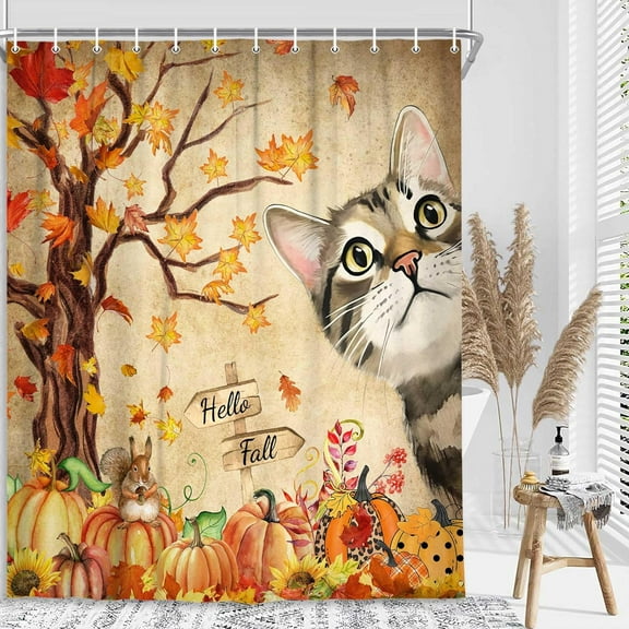 Fall Shower Curtain for Bathroom, Autumn Tree Yellow Maple Leaves Pumpkin Thanksgiving Fabric Shower Curtains Set, Funny Animals Cute Cat Bathroom Decor Accessories with Hooks, 72X72in