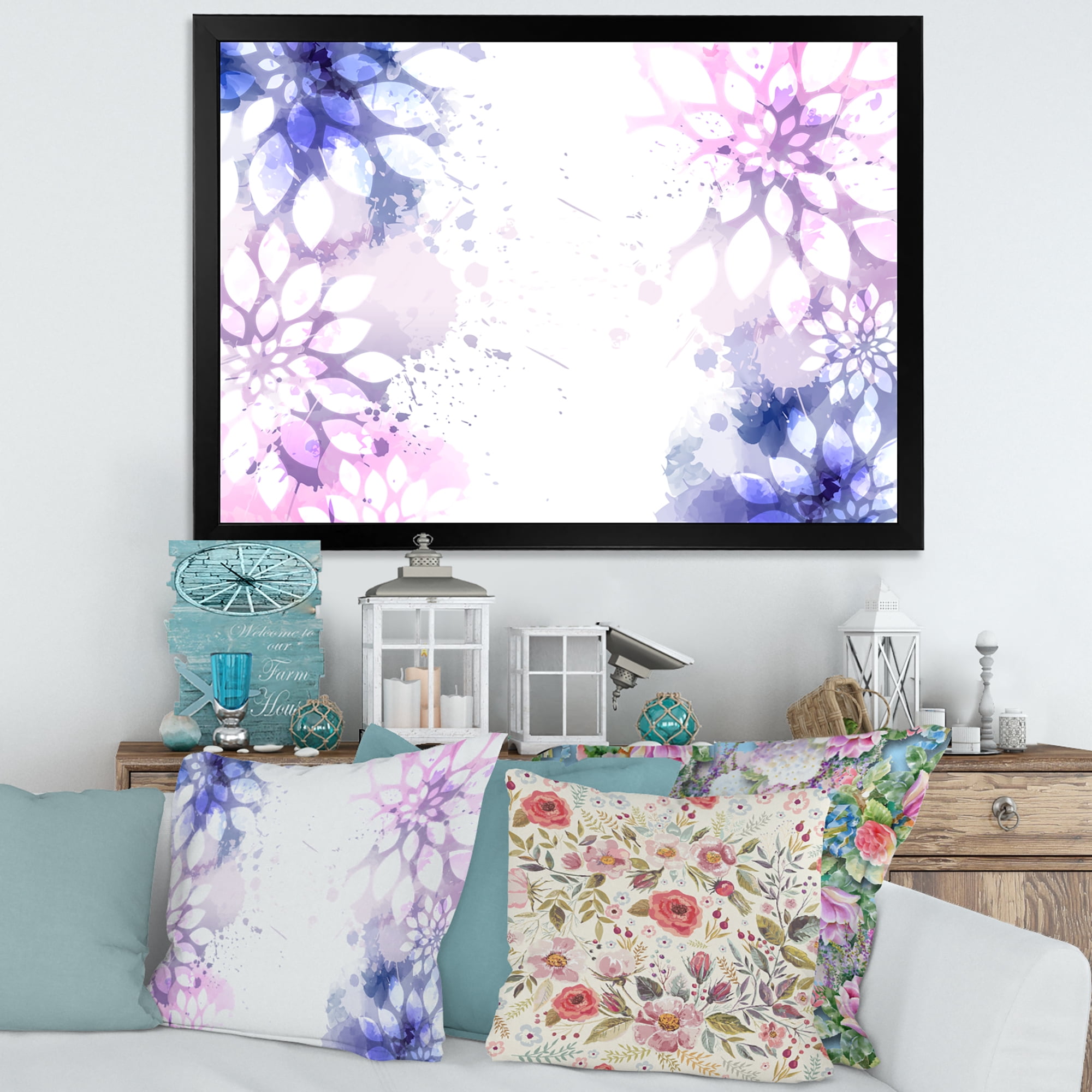 Designart 'Pink and Purple Abstract With Colorful Splashes II' Modern Framed Art Print